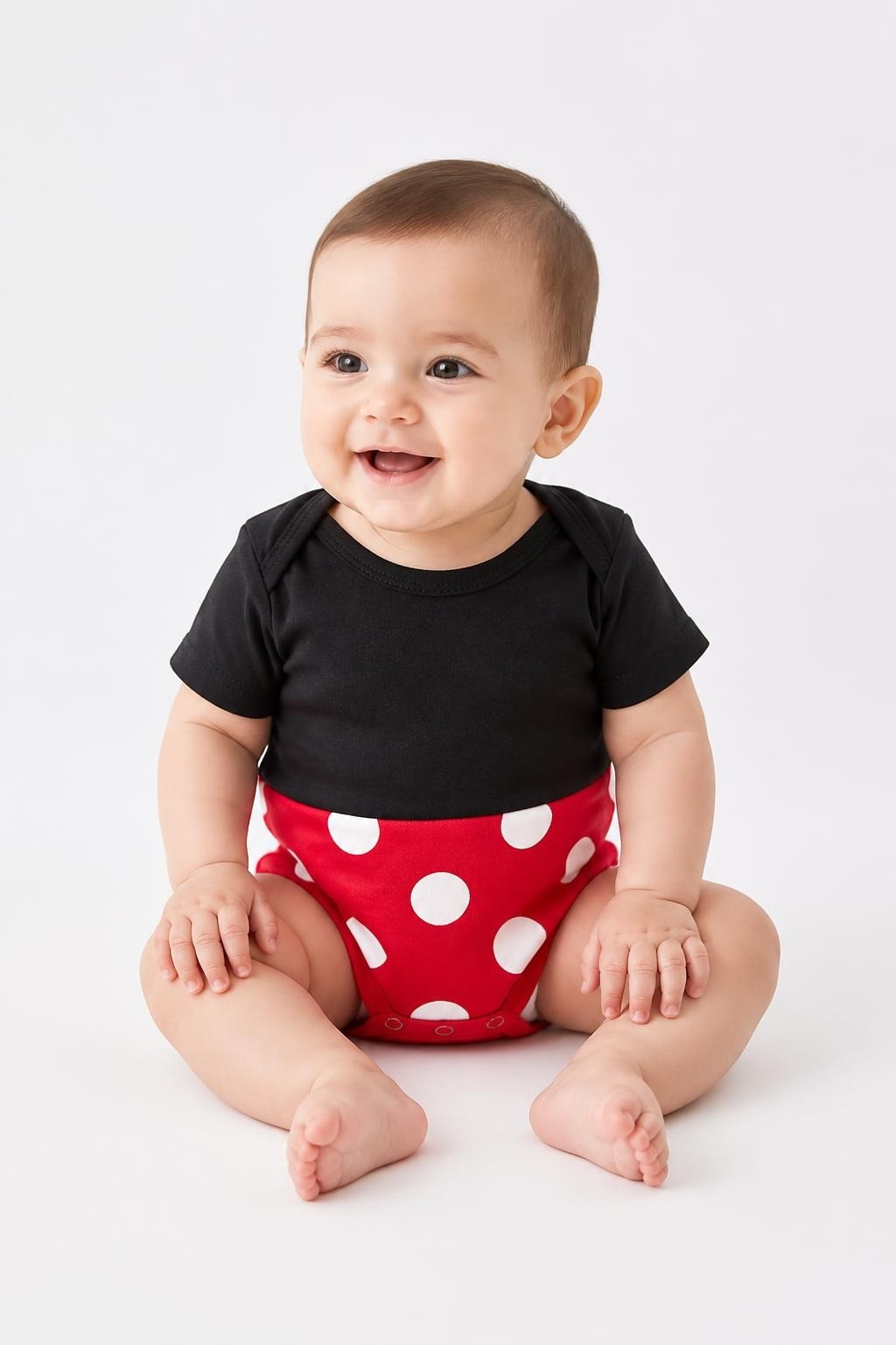 Disney Baby Minnie bodysuit, black/red polka dot, 1M - on model shot, second-hand at Why Go Less, Dekwaneh, Lebanon