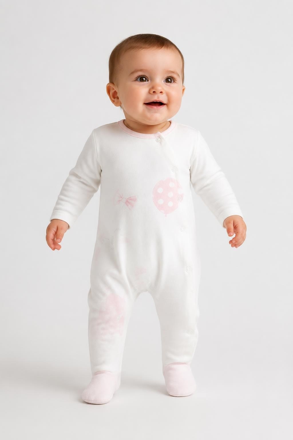 Baby White Bunny And Balloon Footed Sleepsuit - on model shot, second-hand at Why Go Less, Dekwaneh, Lebanon