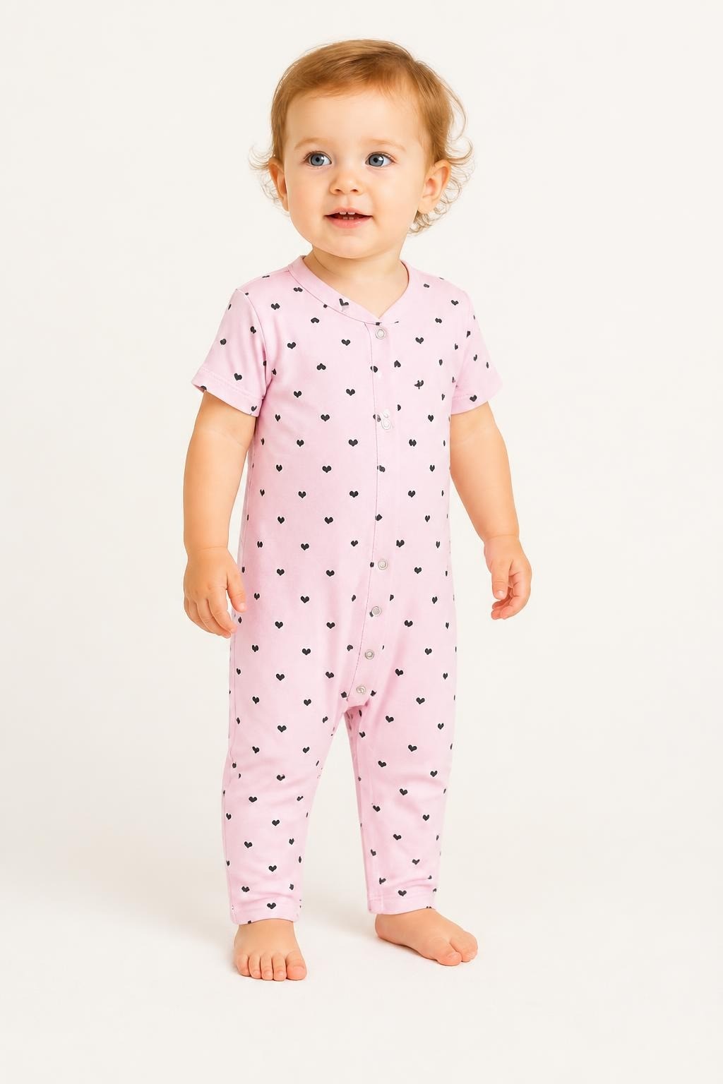 Pink Heart Print Snap Front Baby Romper - on model shot, second-hand at Why Go Less, Dekwaneh, Lebanon