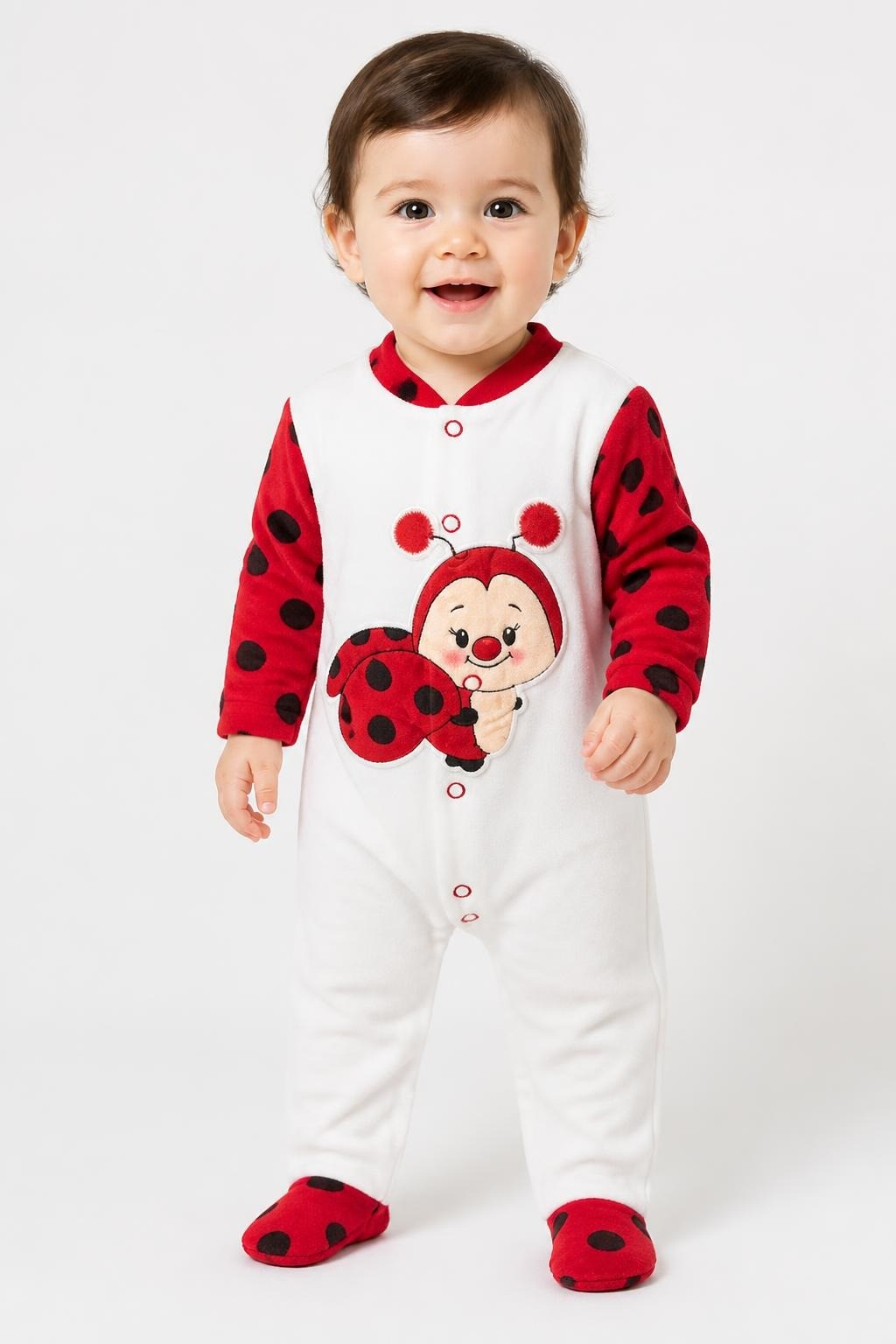 Red And White Ladybug Footed Baby Sleeper - on model shot, second-hand at Why Go Less, Dekwaneh, Lebanon