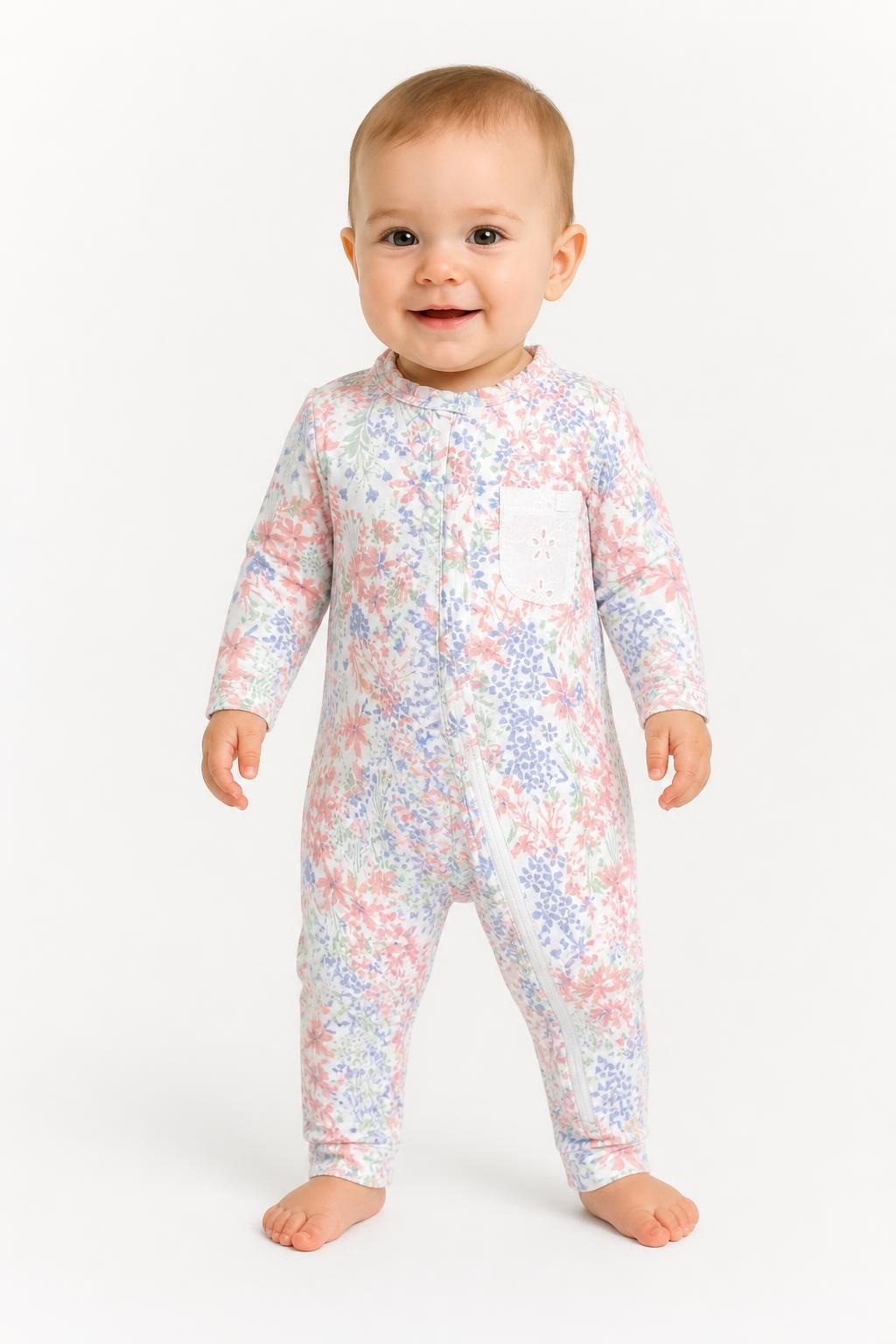 Pink Floral Zip Front Footed Baby Sleeper - on model shot, second-hand at Why Go Less, Dekwaneh, Lebanon