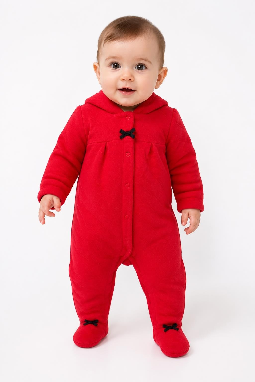 Red Quilted Footed Baby Sleeper With Bows - on model shot, second-hand at Why Go Less, Dekwaneh, Lebanon