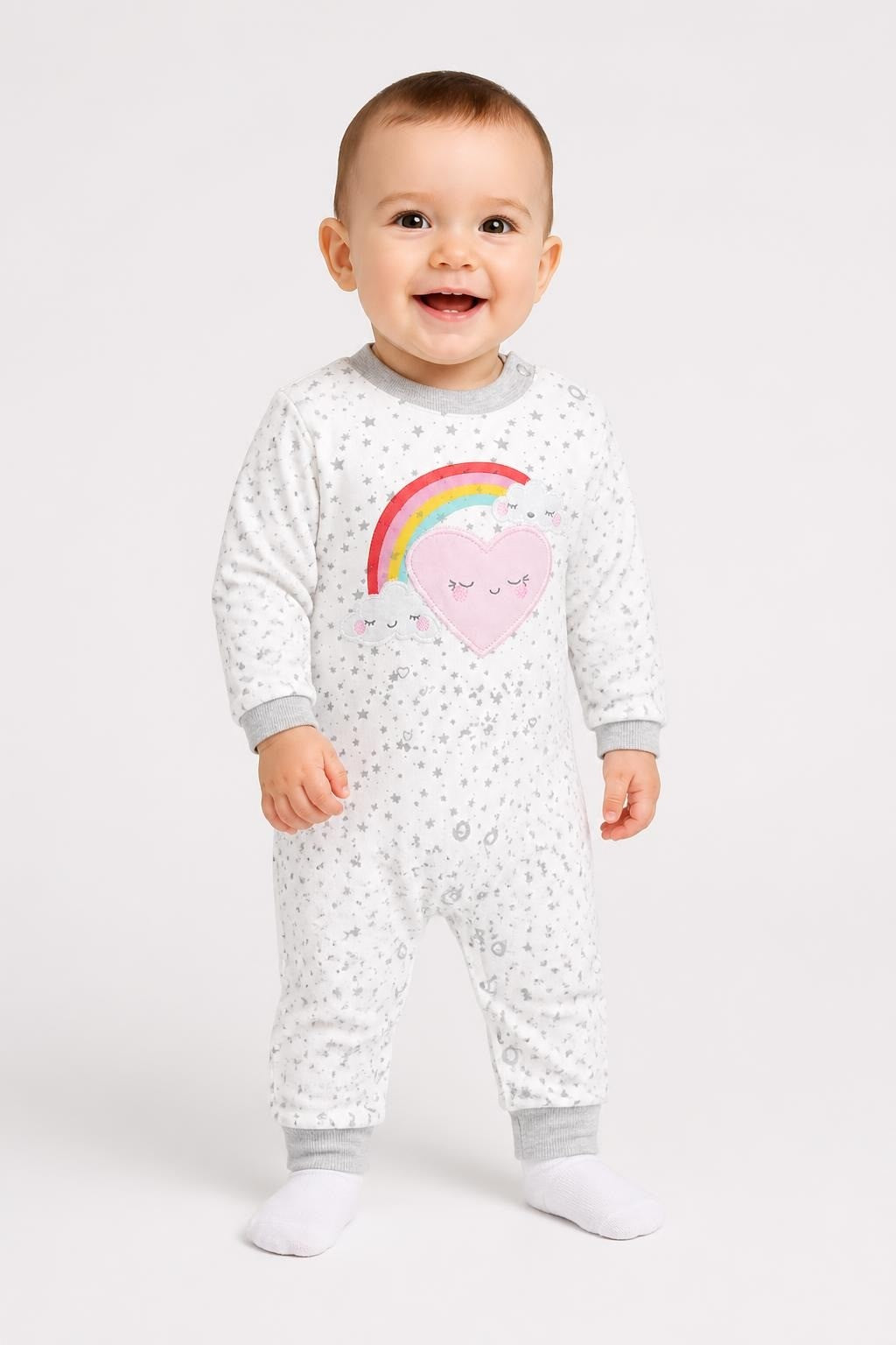 Baby White Star Print Rainbow Heart Romper - on model shot, second-hand at Why Go Less, Dekwaneh, Lebanon