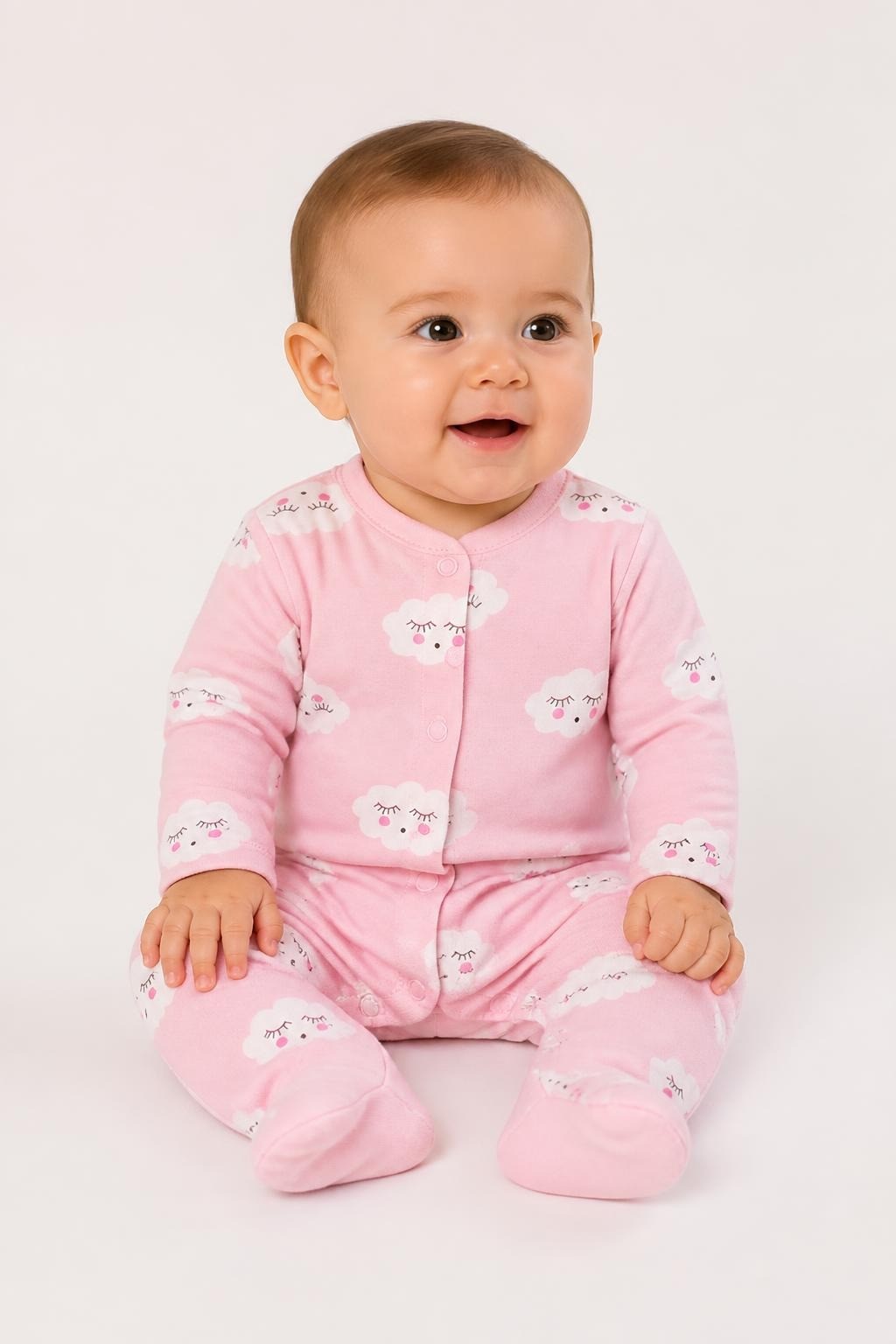 Baby Pink Sleepy Cloud Footed Sleepsuit - on model shot, second-hand at Why Go Less, Dekwaneh, Lebanon