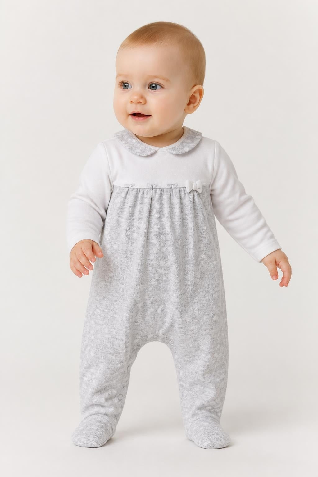 Baby Grey Spotted Peter Pan Collar Footed Sleepsuit - on model shot, second-hand at Why Go Less, Dekwaneh, Lebanon