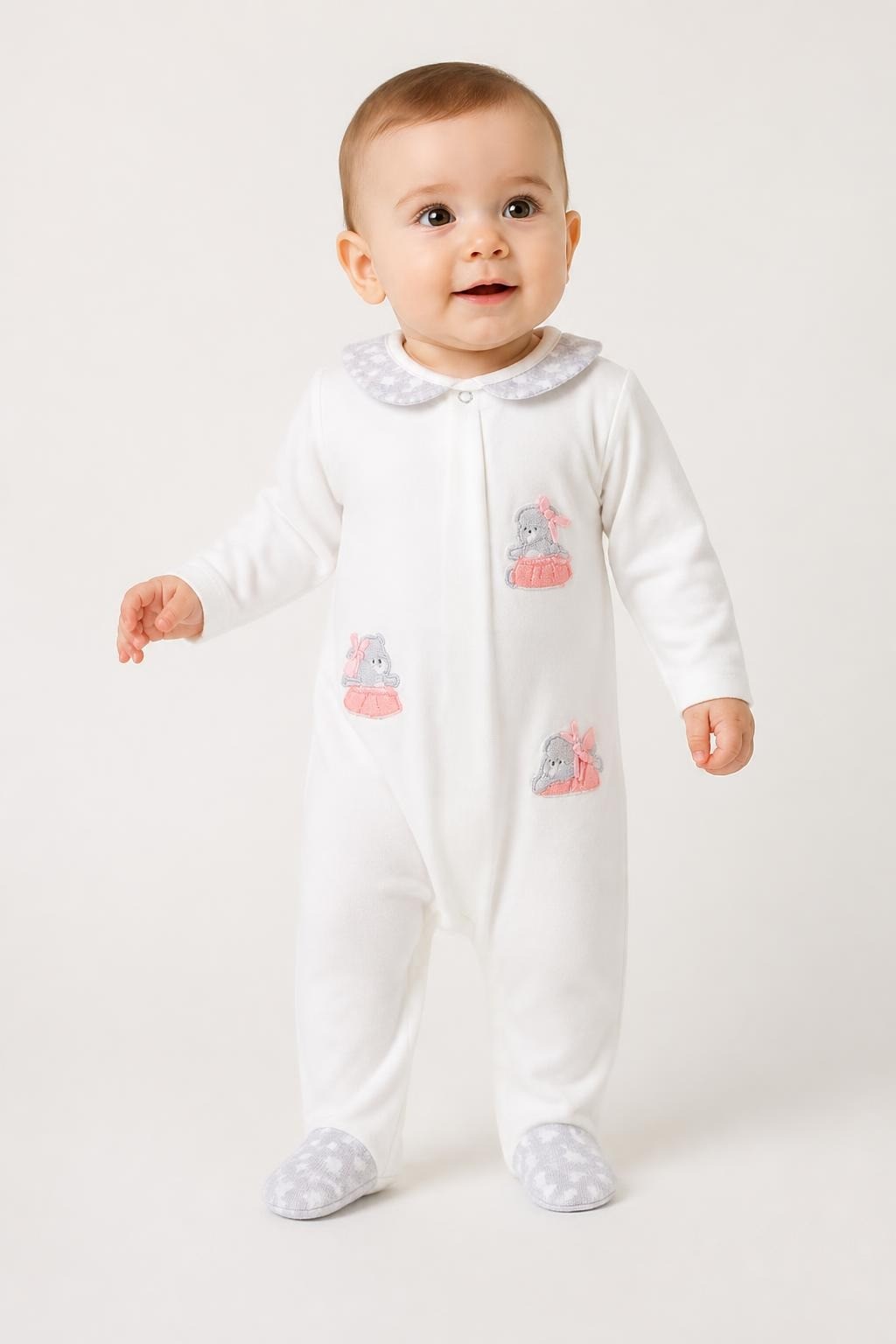 Ivory Velour Teddy Bear Footed Baby Sleeper - on model shot, second-hand at Why Go Less, Dekwaneh, Lebanon