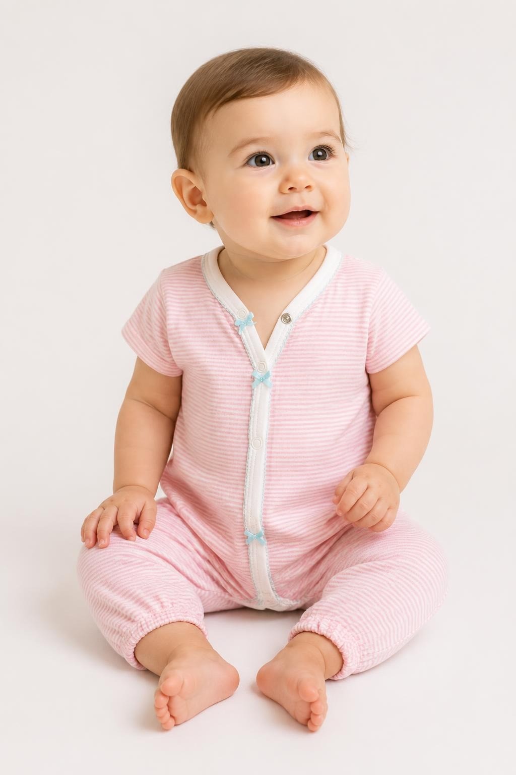 Pink Striped Short-Sleeve Footed Baby Romper - on model shot, second-hand at Why Go Less, Dekwaneh, Lebanon