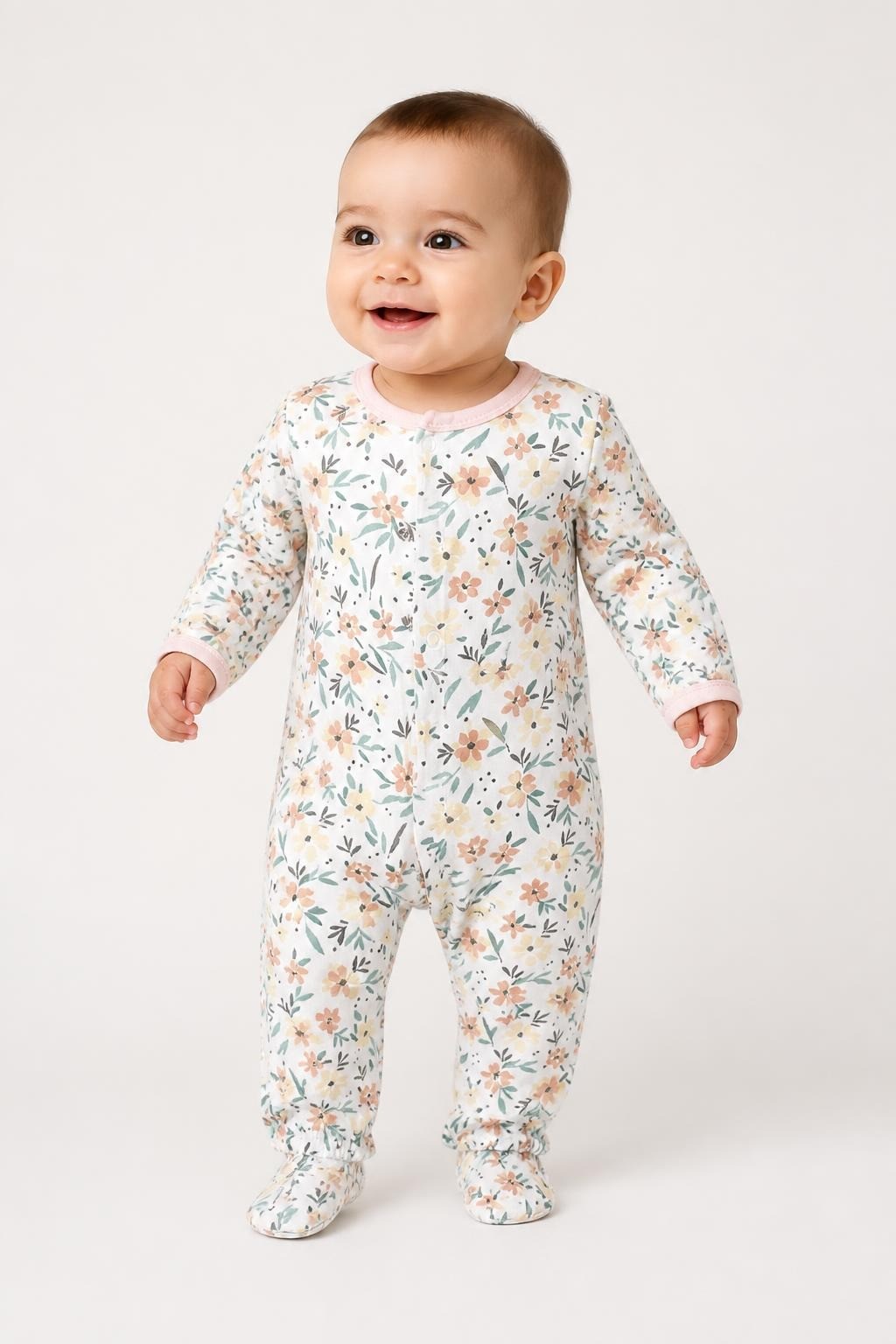 Mamas & Papas Floral Snap Baby Sleepsuit, Pink Trim - at Why Go Less, Lebanon