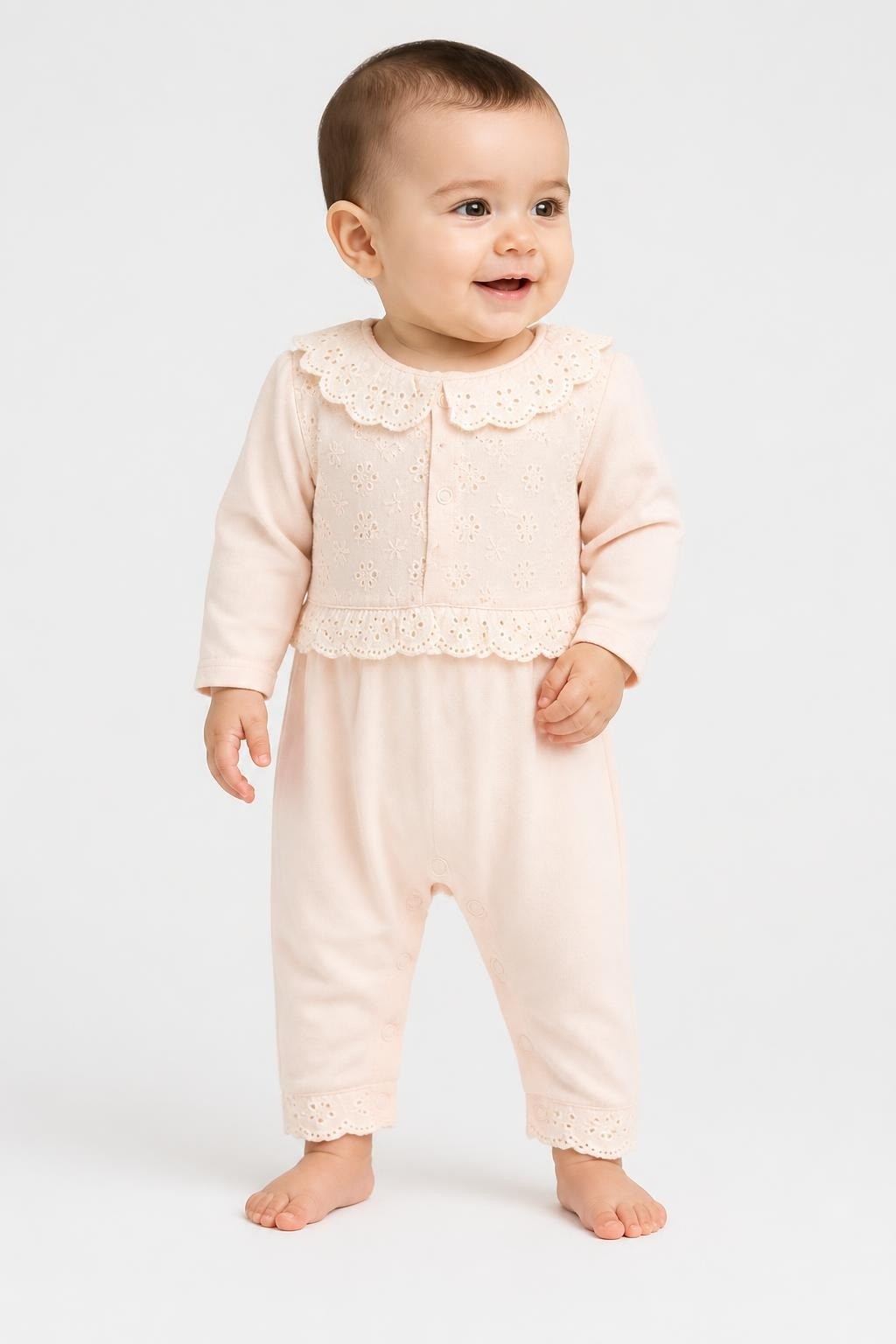 Mamas & Papas floral sleepsuit, white/pink, newborn - on model shot, second-hand at Why Go Less, Dekwaneh, Lebanon