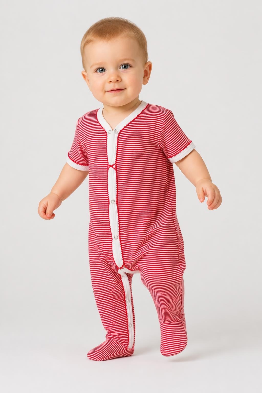 Petit Bateau striped sleepsuit, red/white, 3m/60cm - on model shot, second-hand at Why Go Less, Dekwaneh, Lebanon
