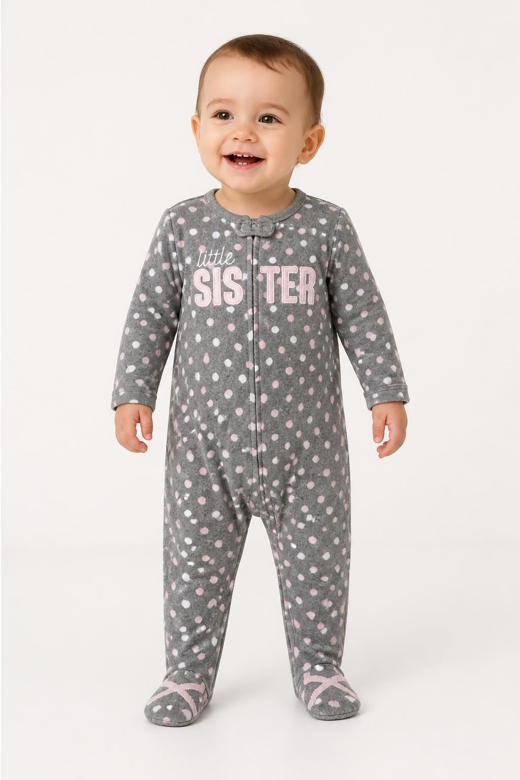 Gray Dot Little Sister Fleece Baby Footie - on model shot, second-hand at Why Go Less, Dekwaneh, Lebanon