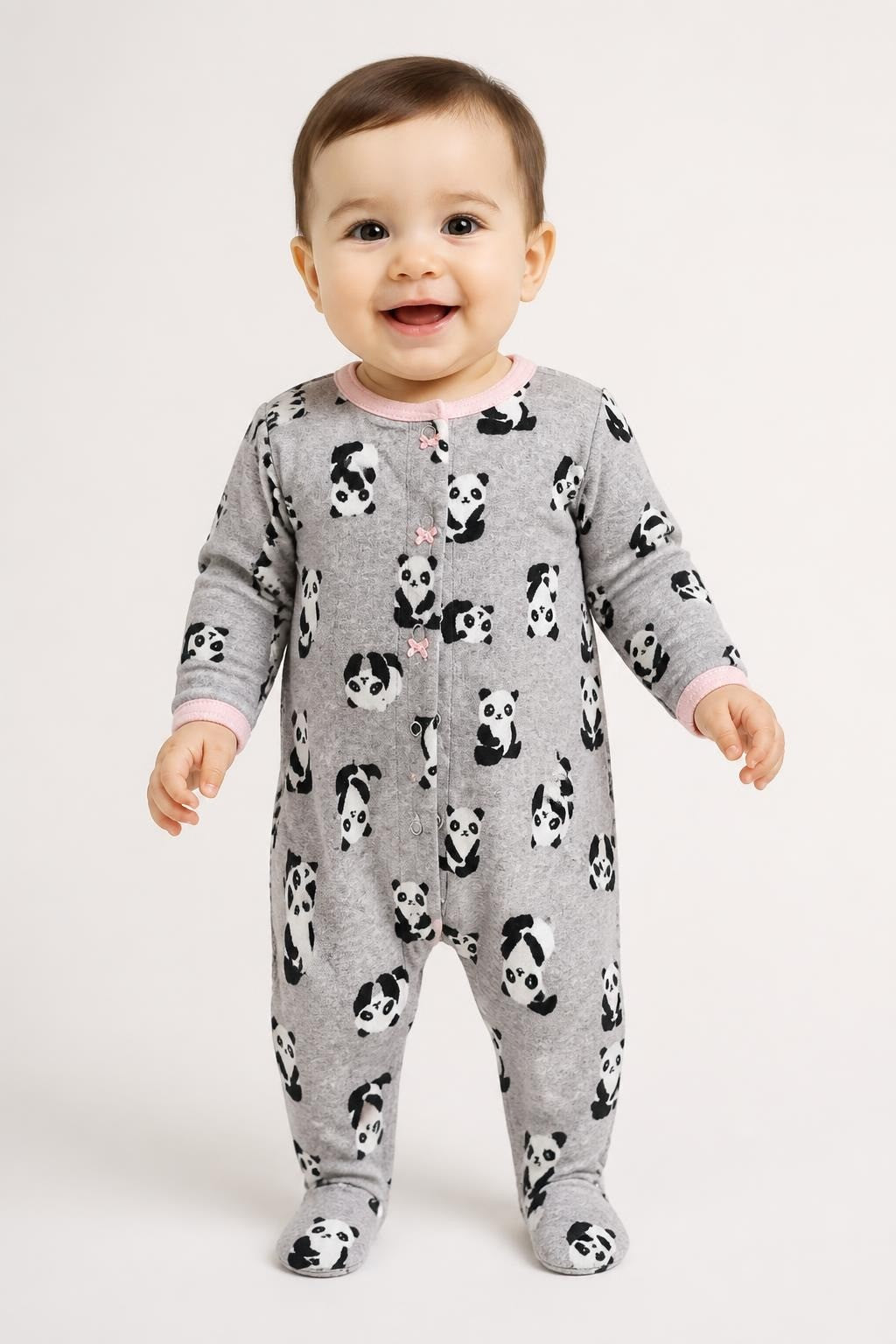 Gray Panda Print Fleece Baby Footed Sleeper - on model shot, second-hand at Why Go Less, Dekwaneh, Lebanon