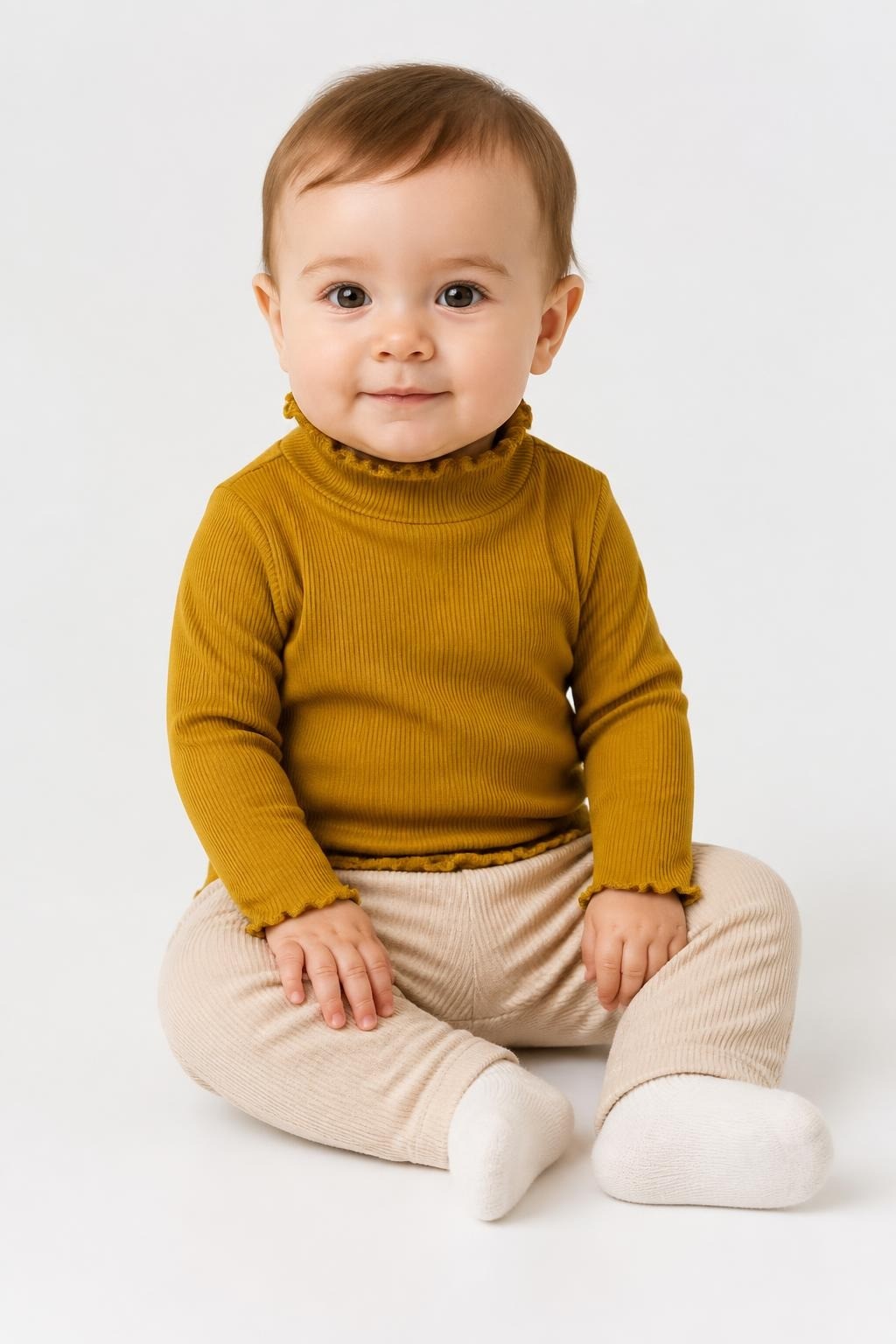 Mona mustard ribbed baby romper 0-3m 62cm - on model shot, second-hand at Why Go Less, Dekwaneh, Lebanon