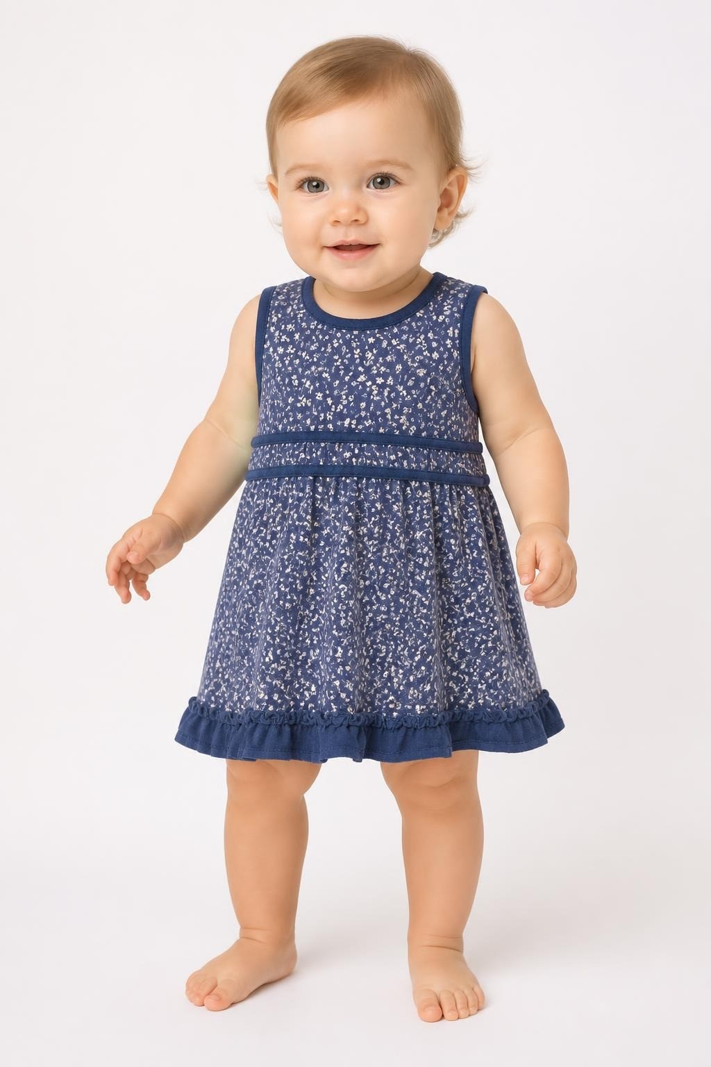 Baby girl navy floral sleeveless dress ruffle hem - on model shot, second-hand at Why Go Less, Dekwaneh, Lebanon