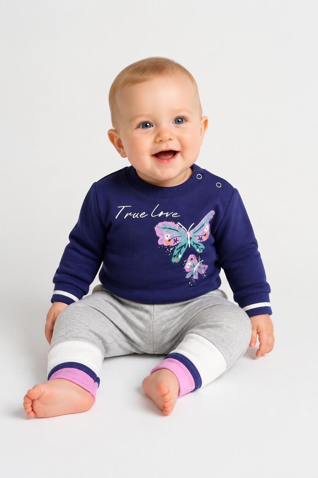Baby Butterfly Sweatshirt And Joggers Set, Navy And Grey - on model shot, second-hand at Why Go Less, Dekwaneh, Lebanon