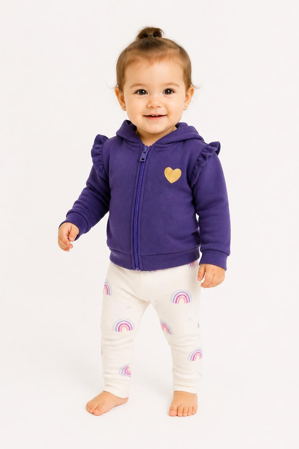 Purple Ruffle Shoulder Zip-Up Baby Hoodie - on model shot, second-hand at Why Go Less, Dekwaneh, Lebanon