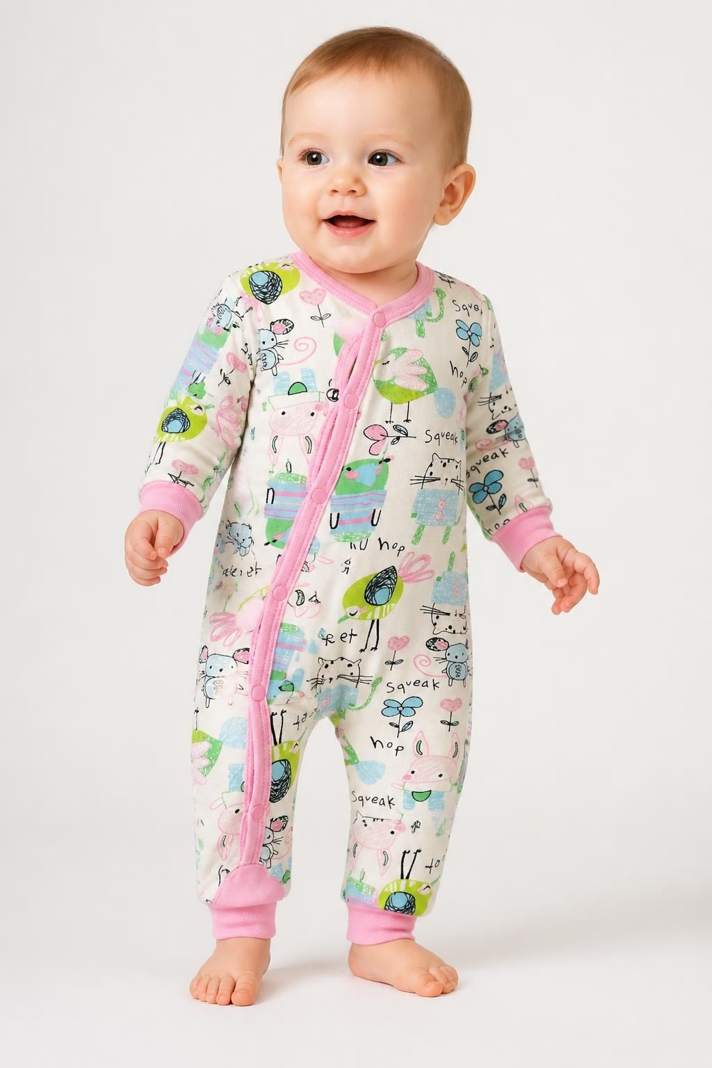 Cream Animal Doodle Print Footed Baby Sleepsuit - on model shot, second-hand at Why Go Less, Dekwaneh, Lebanon