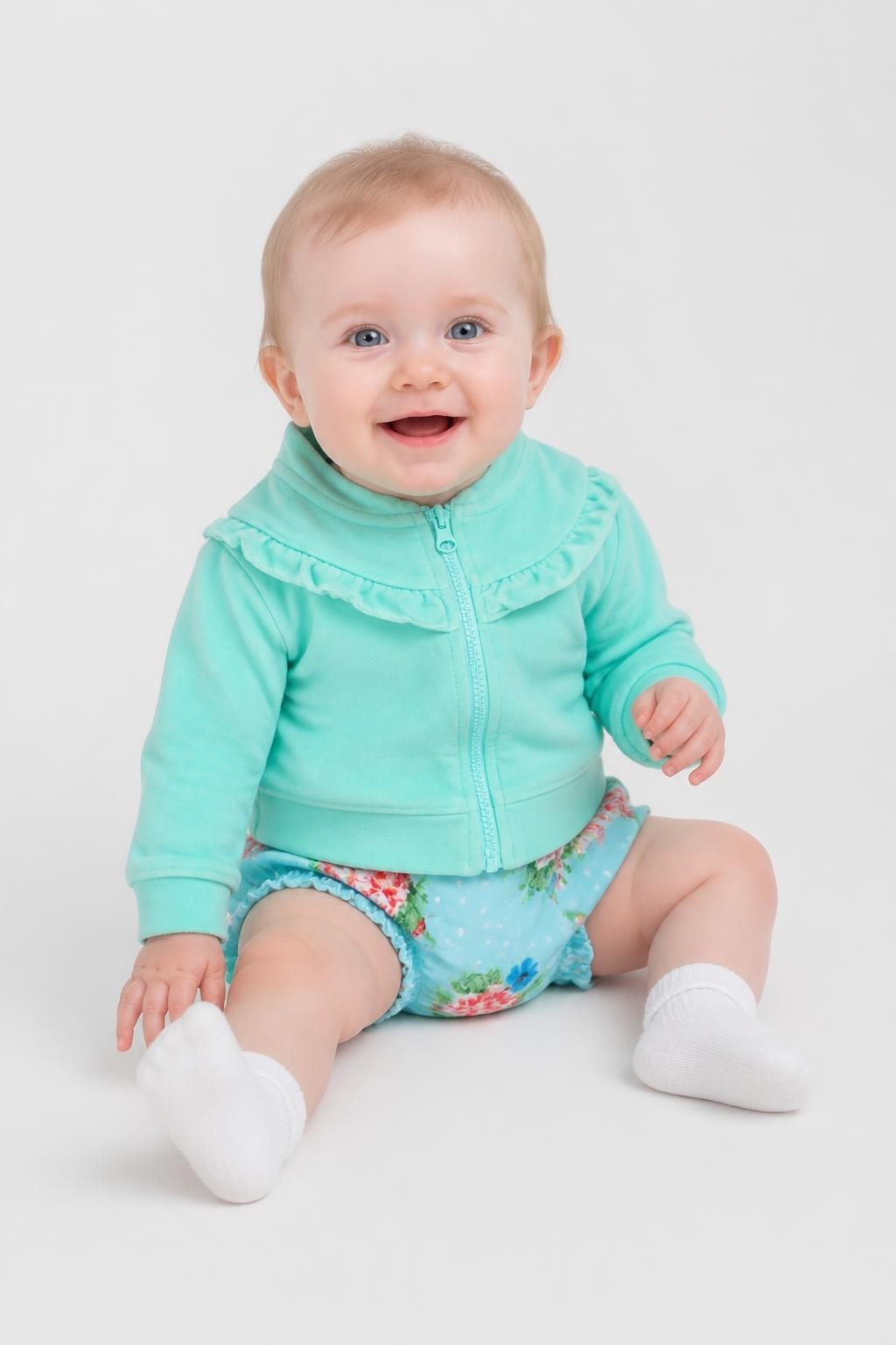 Mint Velour Ruffle Yoke Zip Baby Jacket - on model shot, second-hand at Why Go Less, Dekwaneh, Lebanon