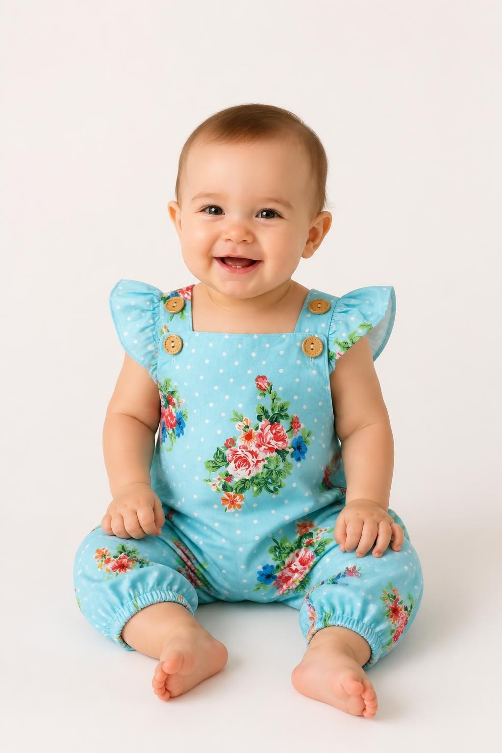 Baby Aqua Floral Polka Dot Ruffle Romper - on model shot, second-hand at Why Go Less, Dekwaneh, Lebanon