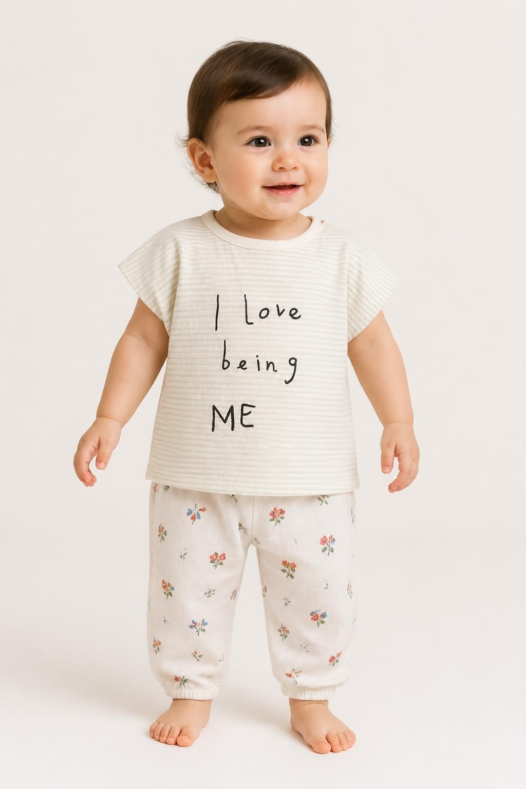 I Love Being Me Stripe Baby Top And Floral Bloomers Set - on model shot, second-hand at Why Go Less, Dekwaneh, Lebanon