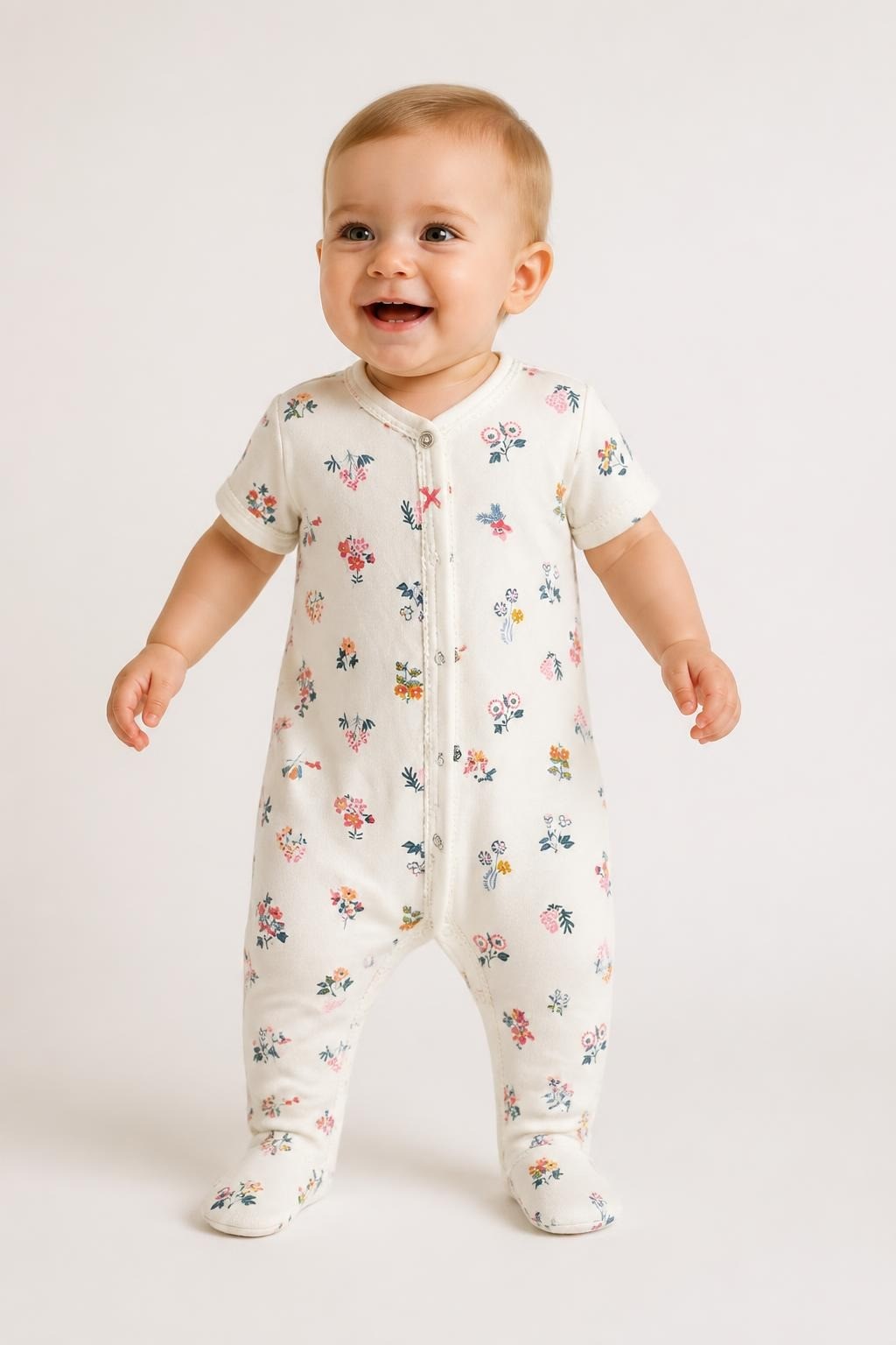 Ivory Ditsy Floral Snap Front Baby Romper - on model shot, second-hand at Why Go Less, Dekwaneh, Lebanon