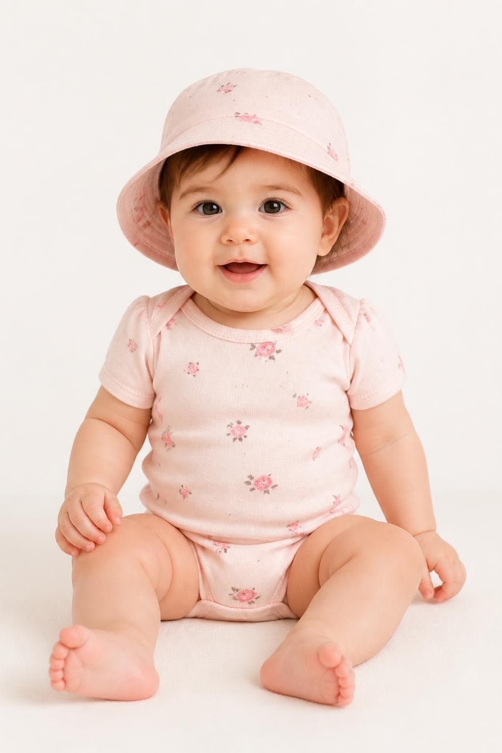 Petit Bateau Pink Floral Baby Sun Hat - on model shot, second-hand at Why Go Less, Dekwaneh, Lebanon