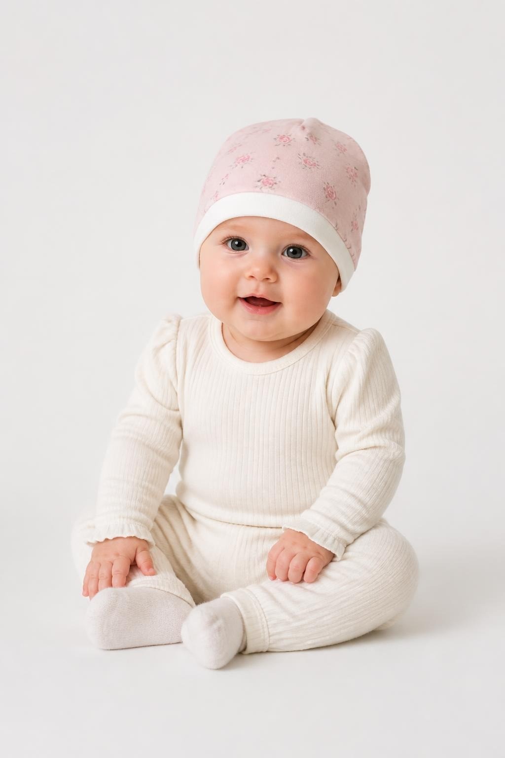 Pink Floral Print Newborn Baby Hat - on model shot, second-hand at Why Go Less, Dekwaneh, Lebanon
