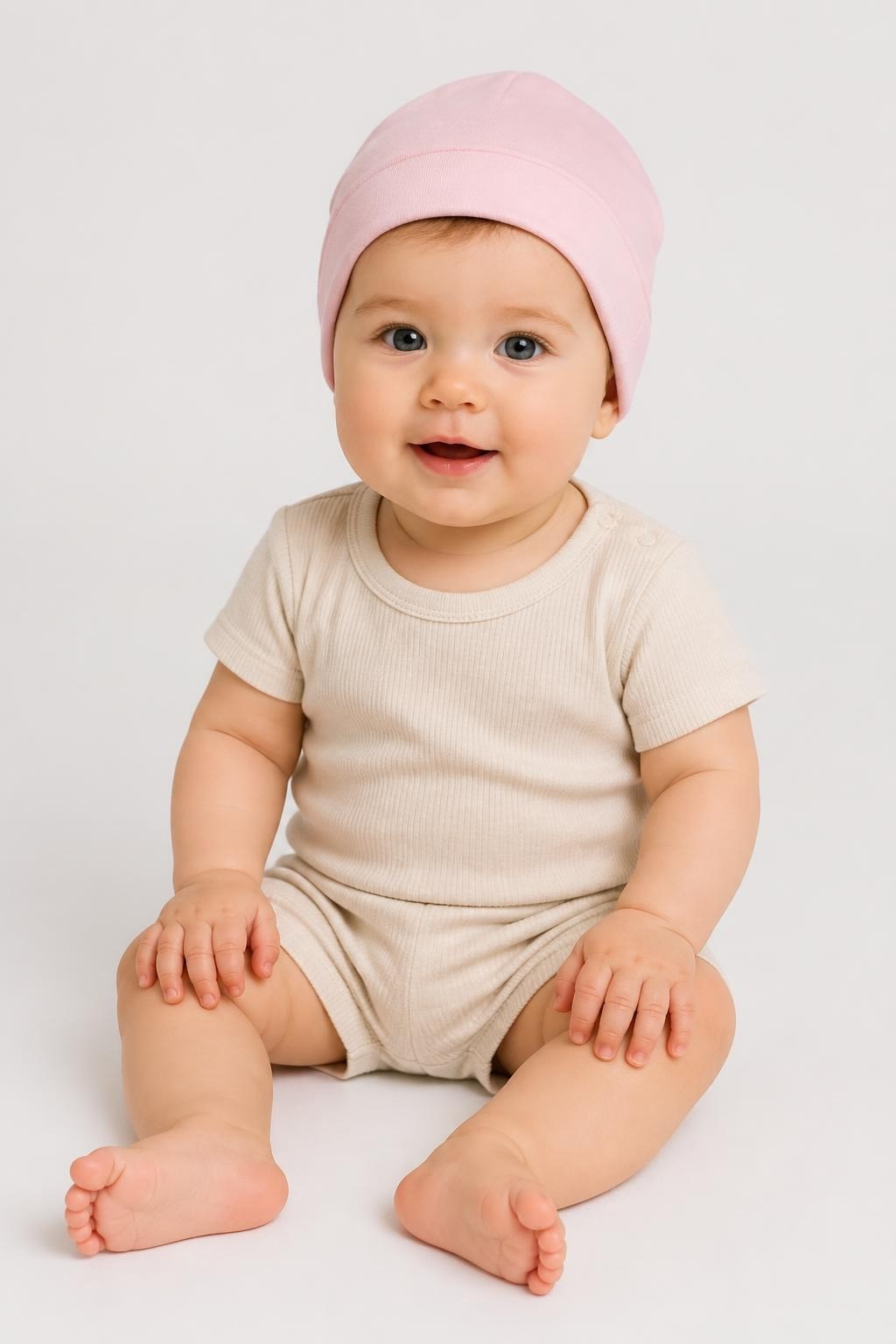Pink Cotton Baby Beanie Hat - on model shot, second-hand at Why Go Less, Dekwaneh, Lebanon