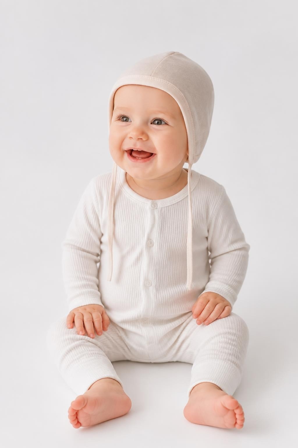 Ivory Cotton Baby Bonnet With Ties - on model shot, second-hand at Why Go Less, Dekwaneh, Lebanon