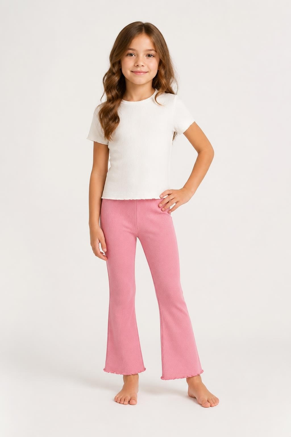Pink Ribbed Kids Leggings, raw hem top - on model shot, second-hand at Why Go Less, Dekwaneh, Lebanon