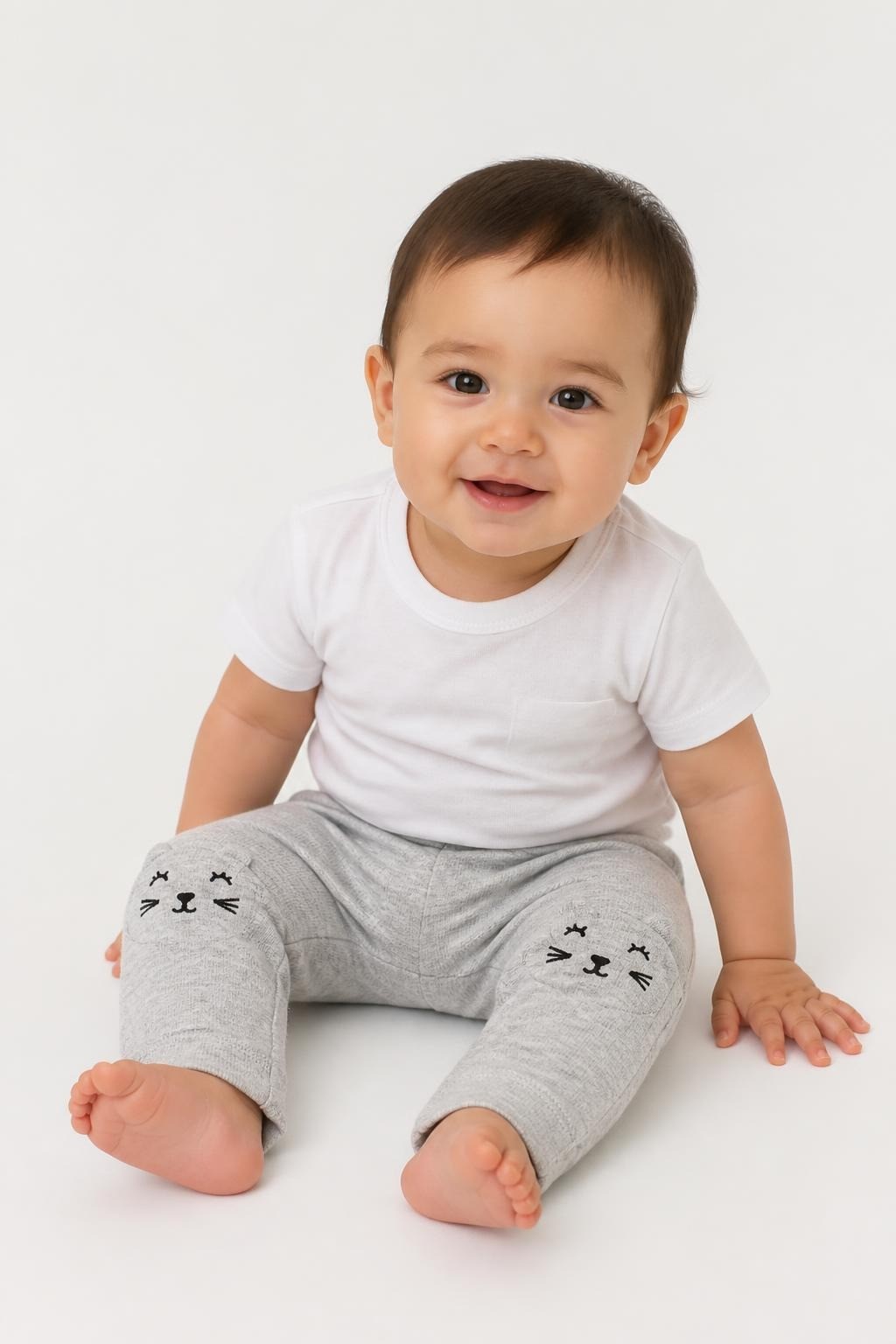 Zara Baby grey cat knee pants, 6-9M - on model shot, second-hand at Why Go Less, Dekwaneh, Lebanon