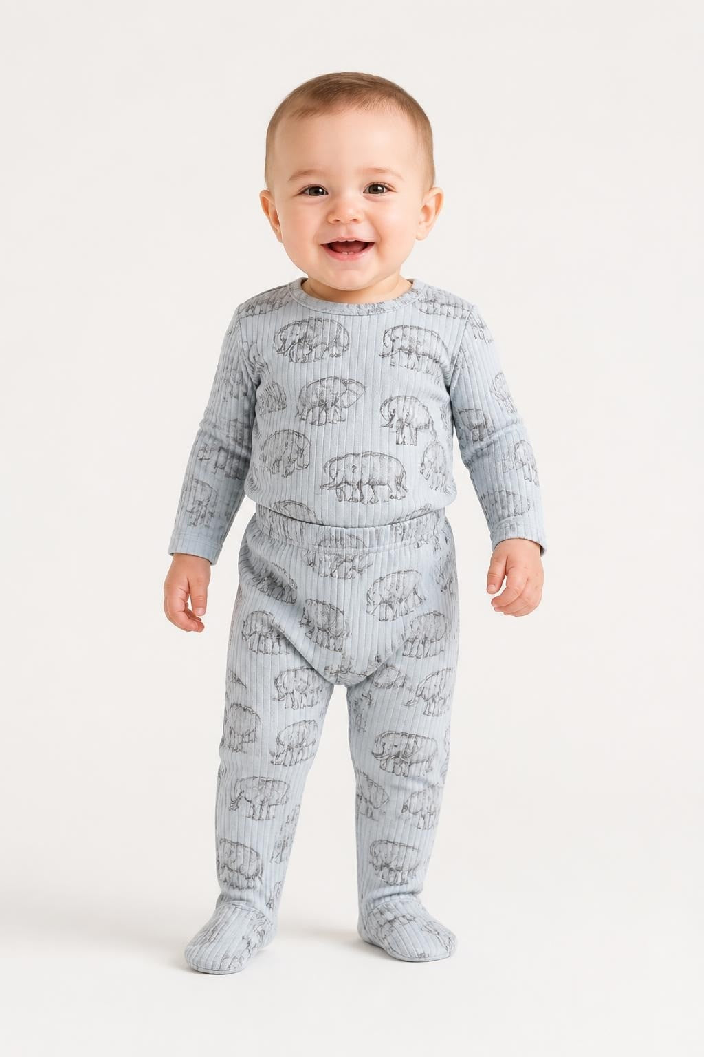 Little Planet Carter's elephant print baby pants - on model shot, second-hand at Why Go Less, Dekwaneh, Lebanon