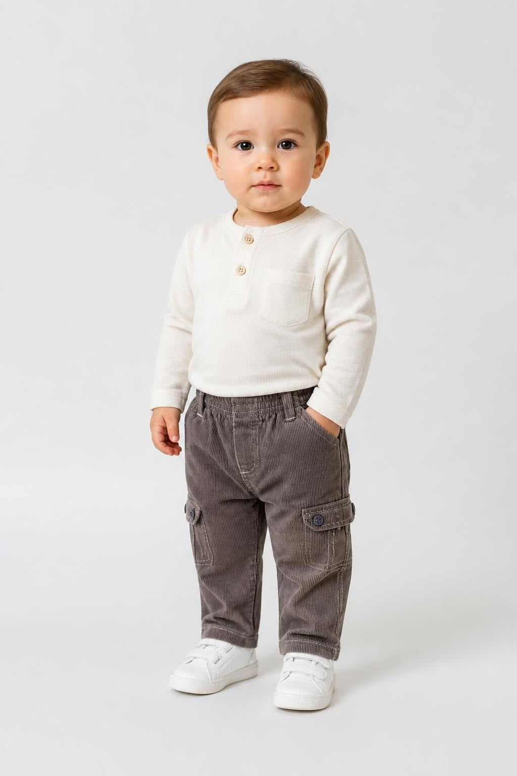 Meo Baby corduroy cargo pants, brown, 24M - on model shot, second-hand at Why Go Less, Dekwaneh, Lebanon