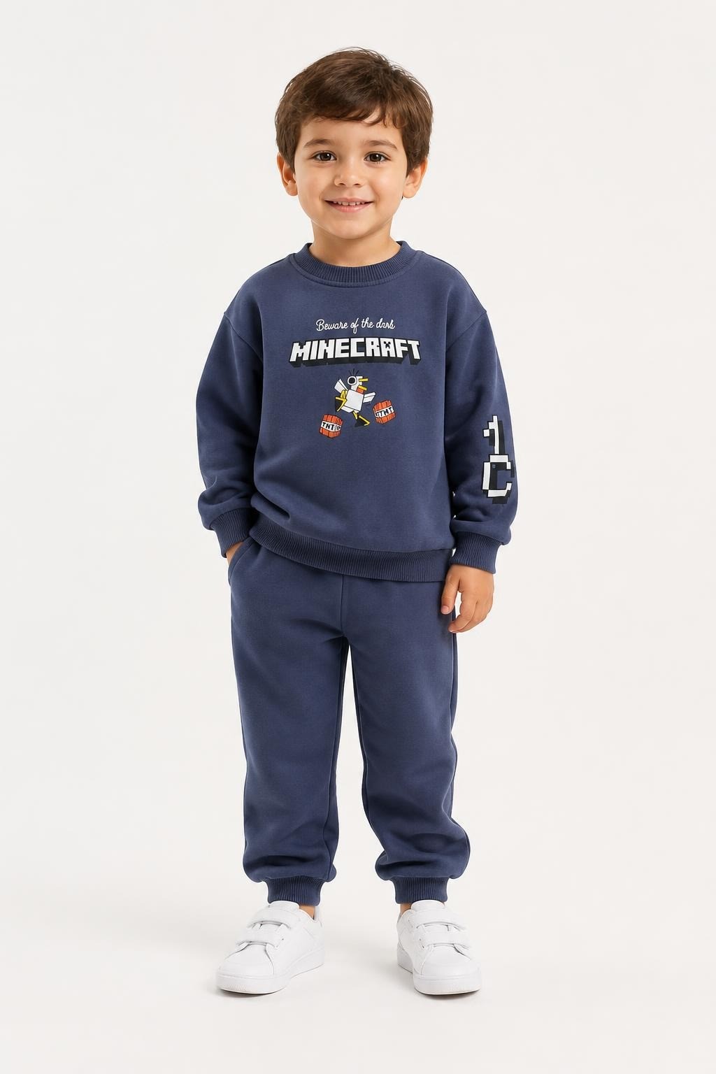 Kids Minecraft navy sweatsuit set front view - on model shot, second-hand at Why Go Less, Dekwaneh, Lebanon