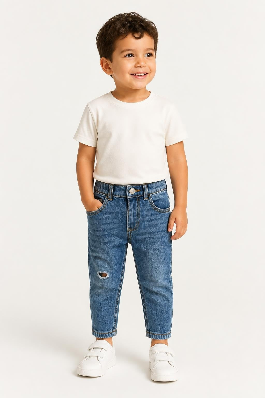 Kids distressed blue denim jeans elastic waist - on model shot, second-hand at Why Go Less, Dekwaneh, Lebanon