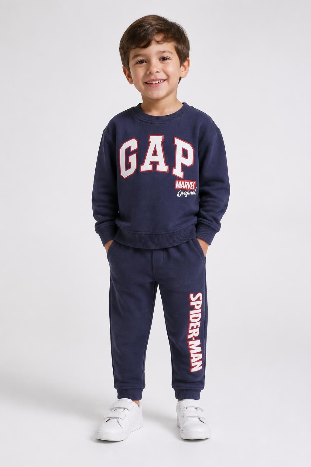 GAP Marvel Spider-Man kids navy tracksuit set - on model shot, second-hand at Why Go Less, Dekwaneh, Lebanon