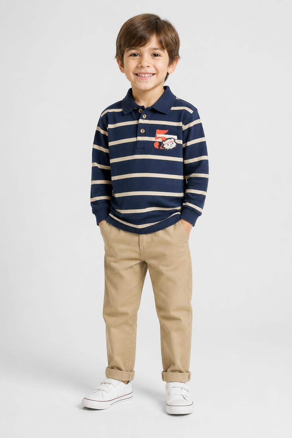 Beba Kids Boys Striped Polo Long Sleeve, Navy/beige - at Why Go Less, Lebanon