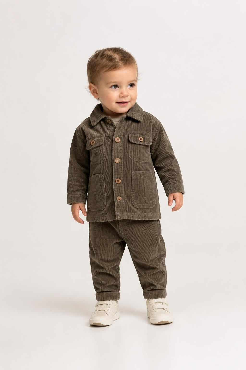 River Boat olive corduroy jacket, size 2Y - on model shot, second-hand at Why Go Less, Dekwaneh, Lebanon