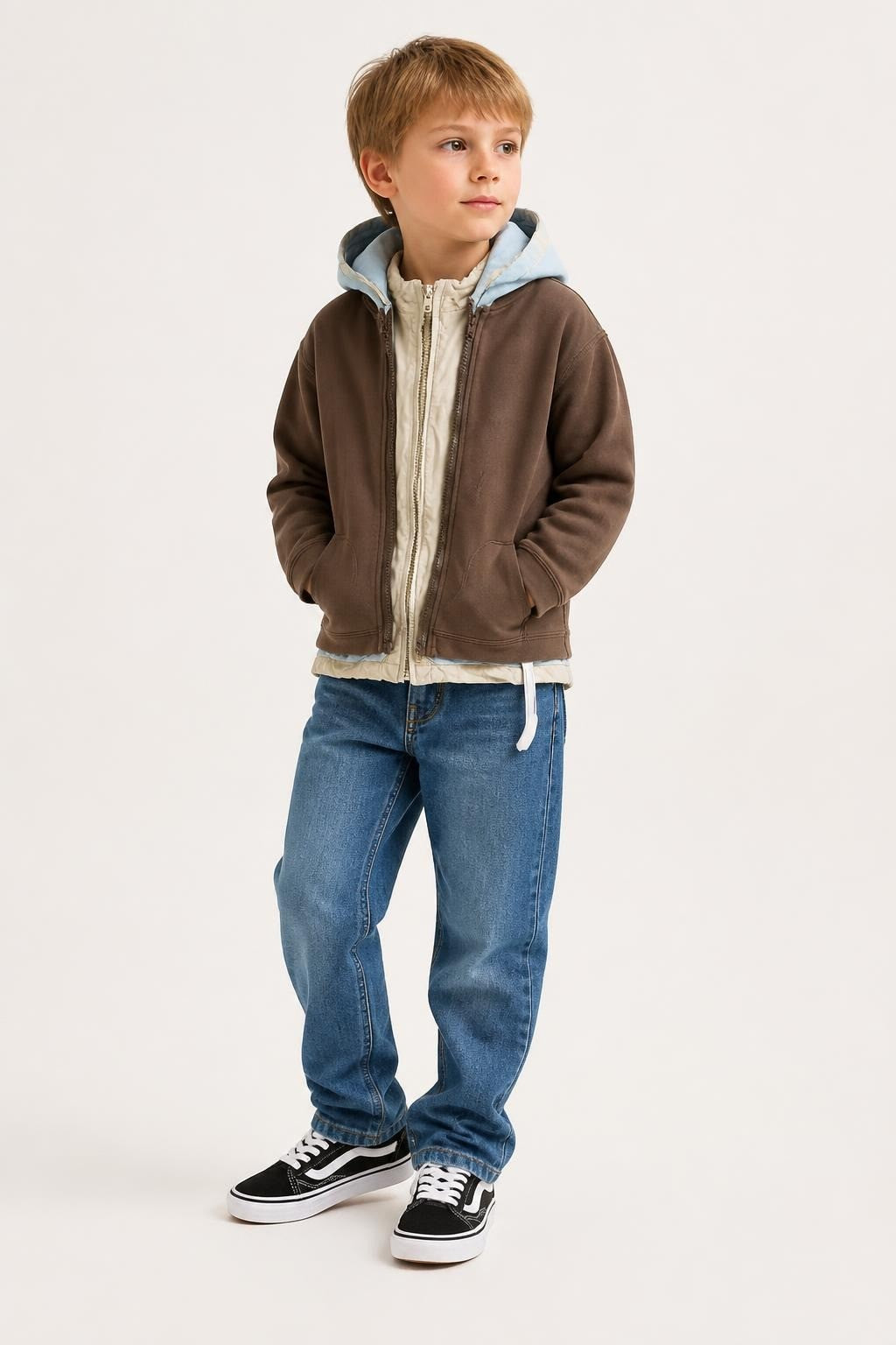 Kids 3-in-1 brown hoodie with inner jacket - on model shot, second-hand at Why Go Less, Dekwaneh, Lebanon