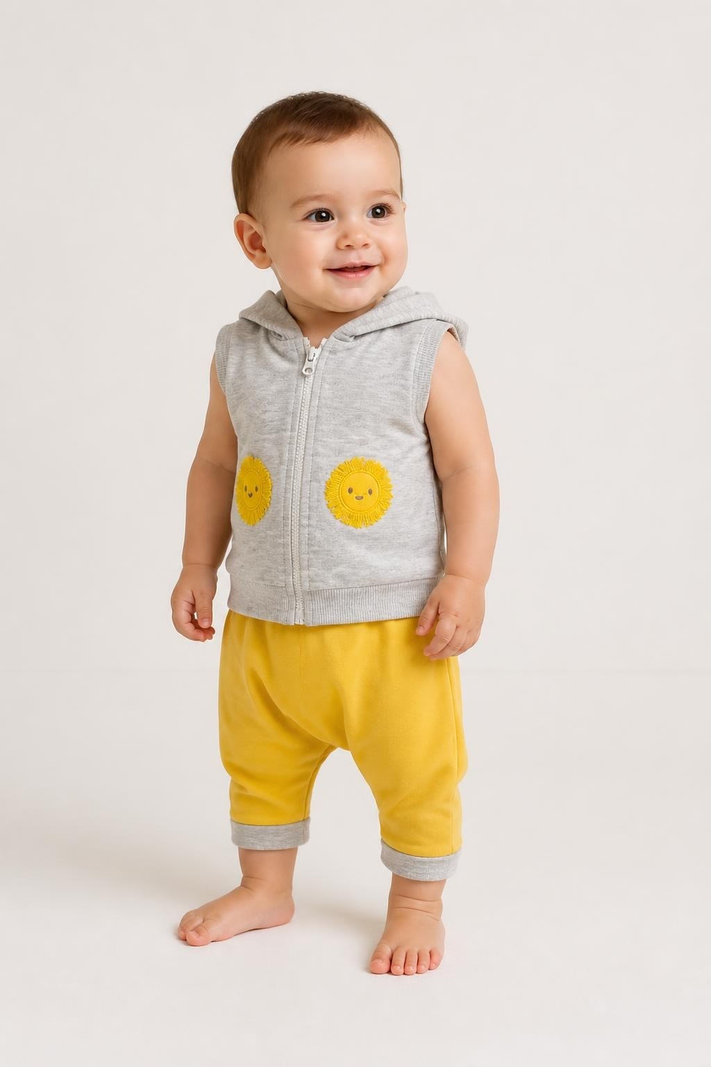 Sun patch hooded vest + yellow shorts set 12-18M - on model shot, second-hand at Why Go Less, Dekwaneh, Lebanon