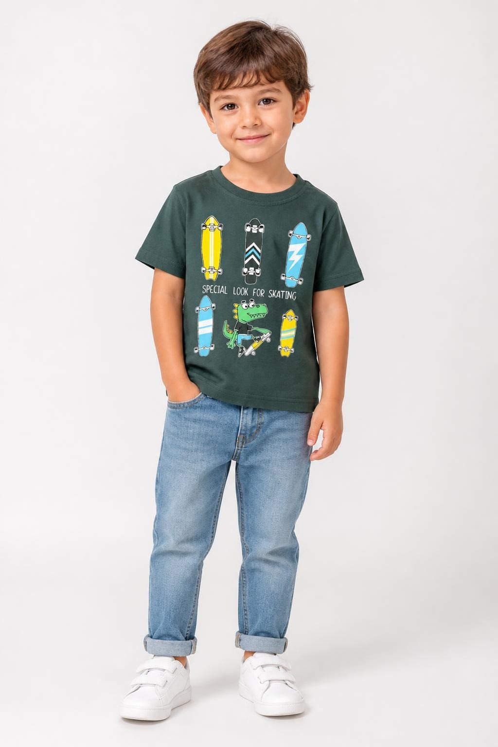 Bobito dark green skating print kids tee - on model shot, second-hand at Why Go Less, Dekwaneh, Lebanon