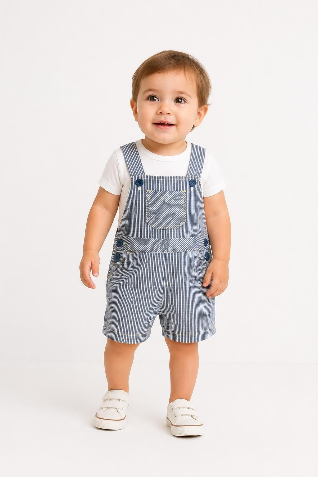 Blue stripe dungaree shorts, blue buttons, chest pocket - on model shot, second-hand at Why Go Less, Dekwaneh, Lebanon