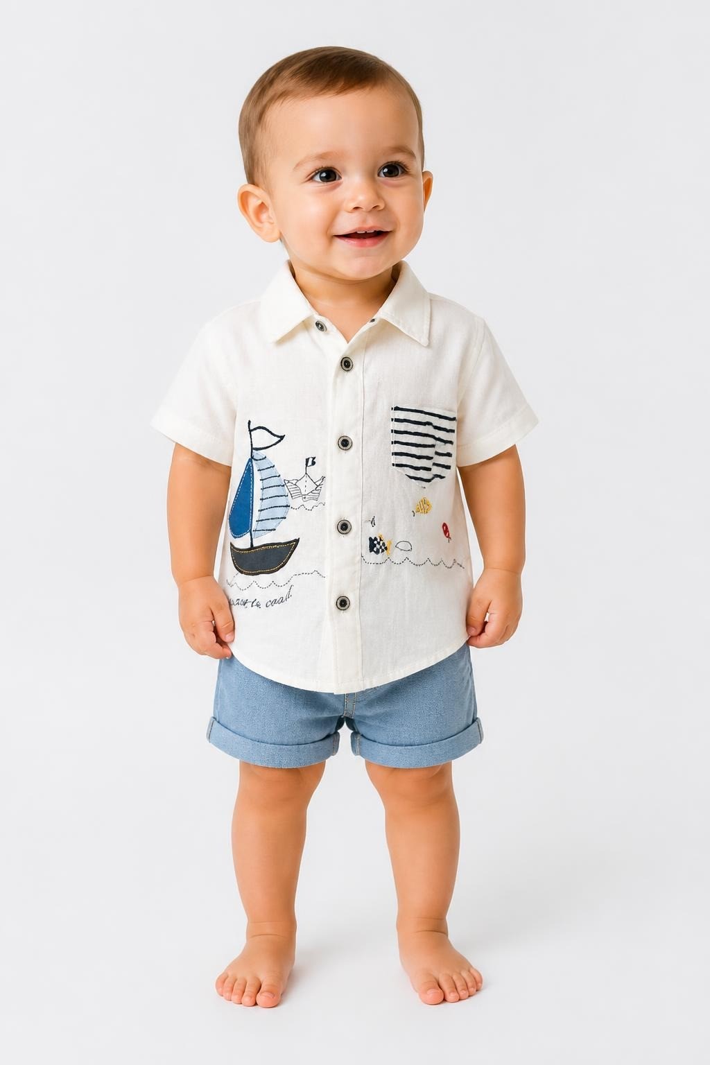 Sani Collection White Linen Nautical Shirt 18-86cm - at Why Go Less, Lebanon