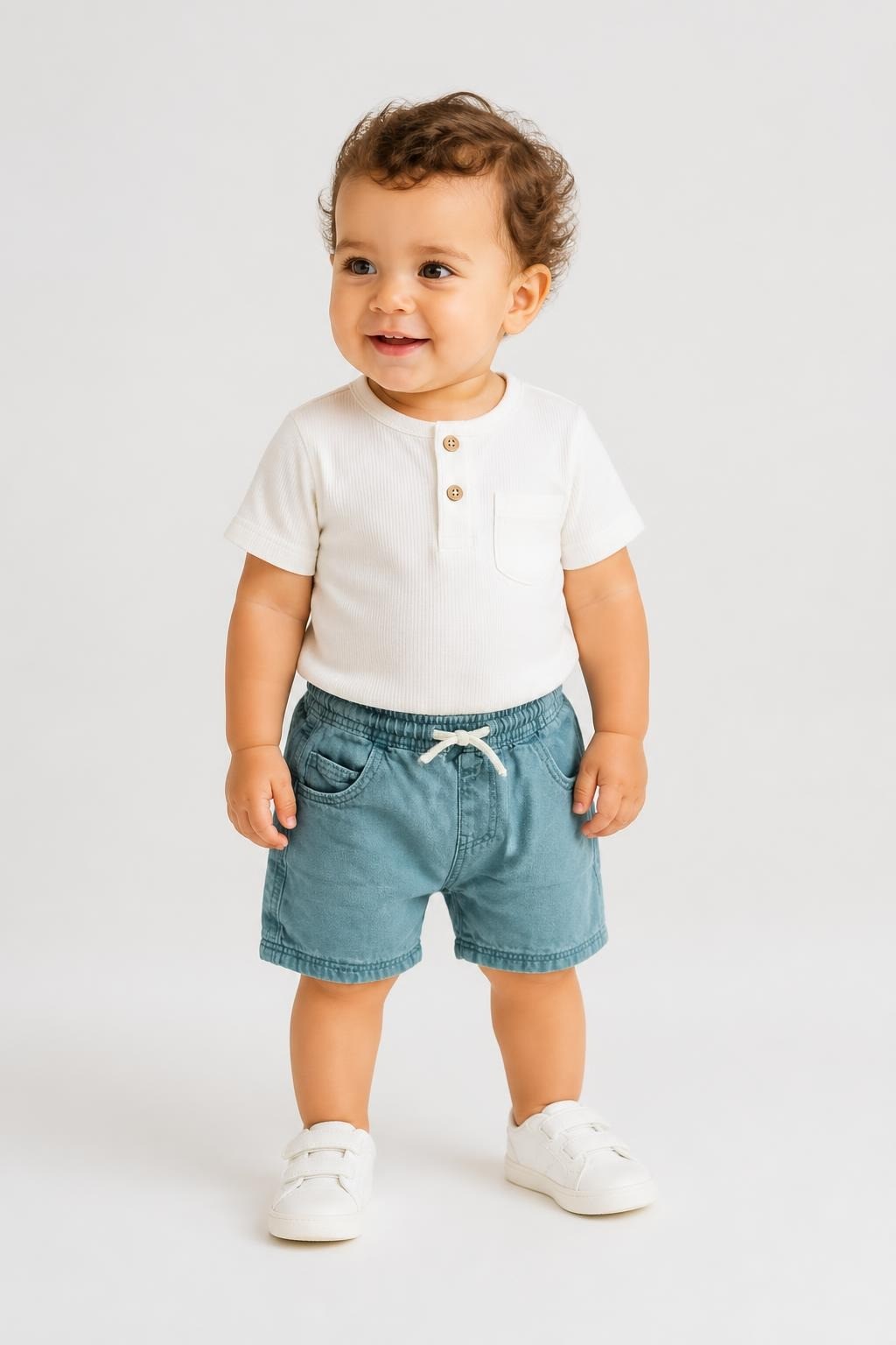 Teal Denim Pull-on Shorts with Drawstring Waist - at Why Go Less, Lebanon
