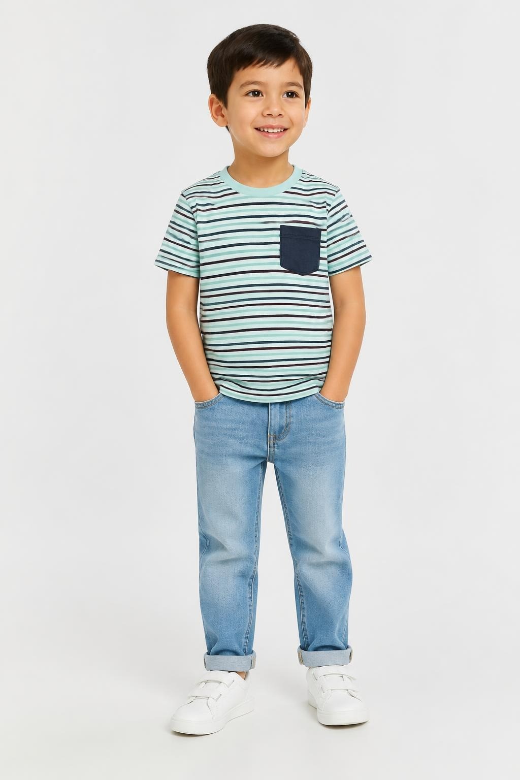 Jarvis Archer striped kids tee, mint/maroon - on model shot, second-hand at Why Go Less, Dekwaneh, Lebanon