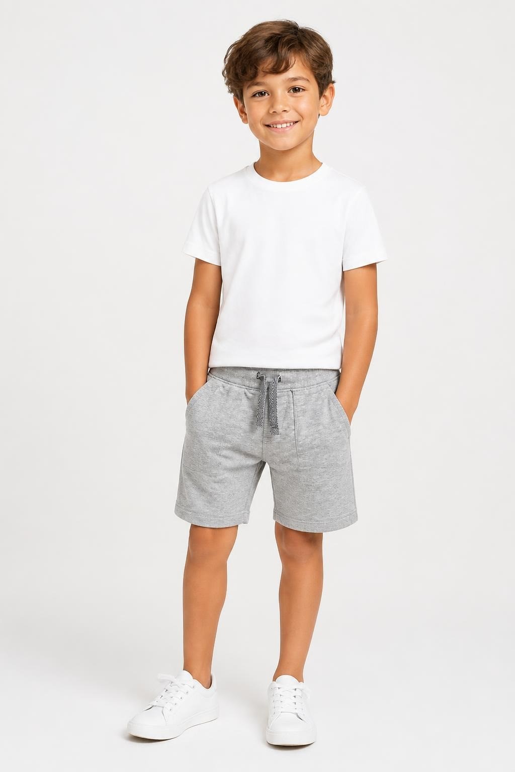 Grey kids drawstring jogger shorts, toddler - on model shot, second-hand at Why Go Less, Dekwaneh, Lebanon