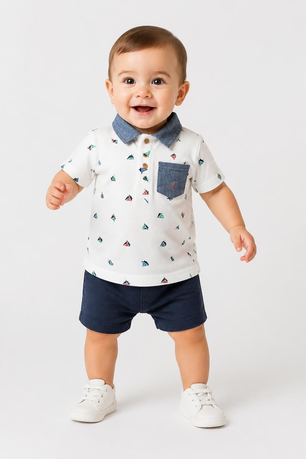 Nautica baby polo shirt, sailboat print, 24M - on model shot, second-hand at Why Go Less, Dekwaneh, Lebanon