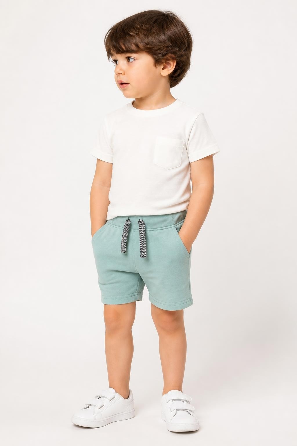 Kids mint green drawstring shorts casual - on model shot, second-hand at Why Go Less, Dekwaneh, Lebanon