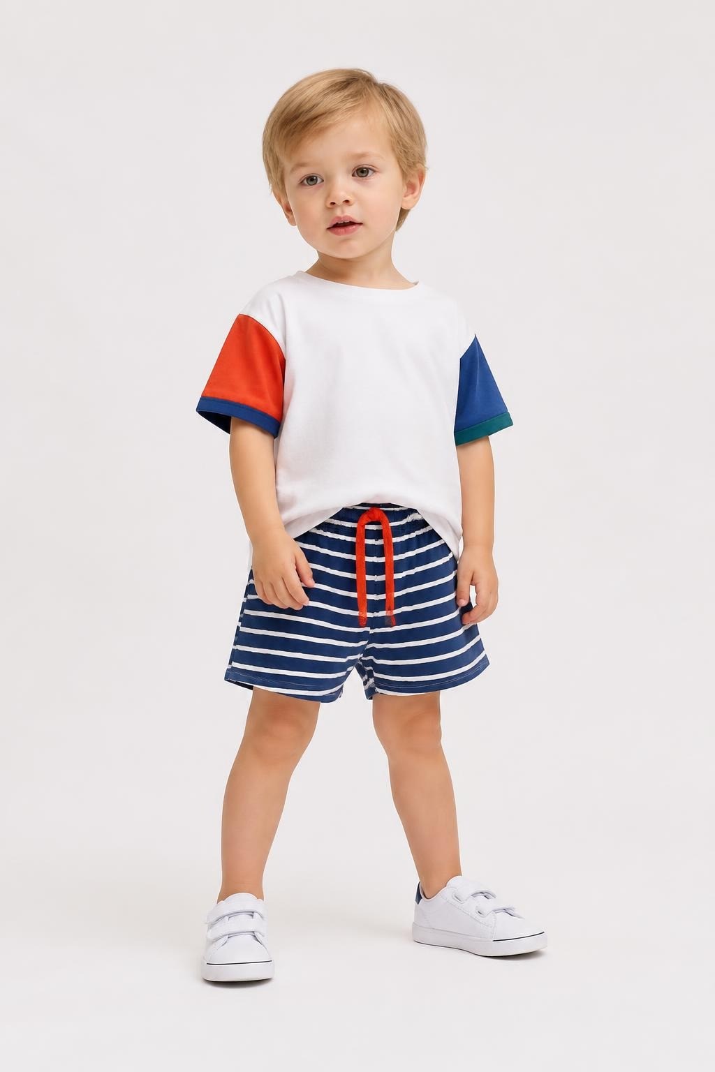 Kids navy stripe shorts orange drawstring - on model shot, second-hand at Why Go Less, Dekwaneh, Lebanon