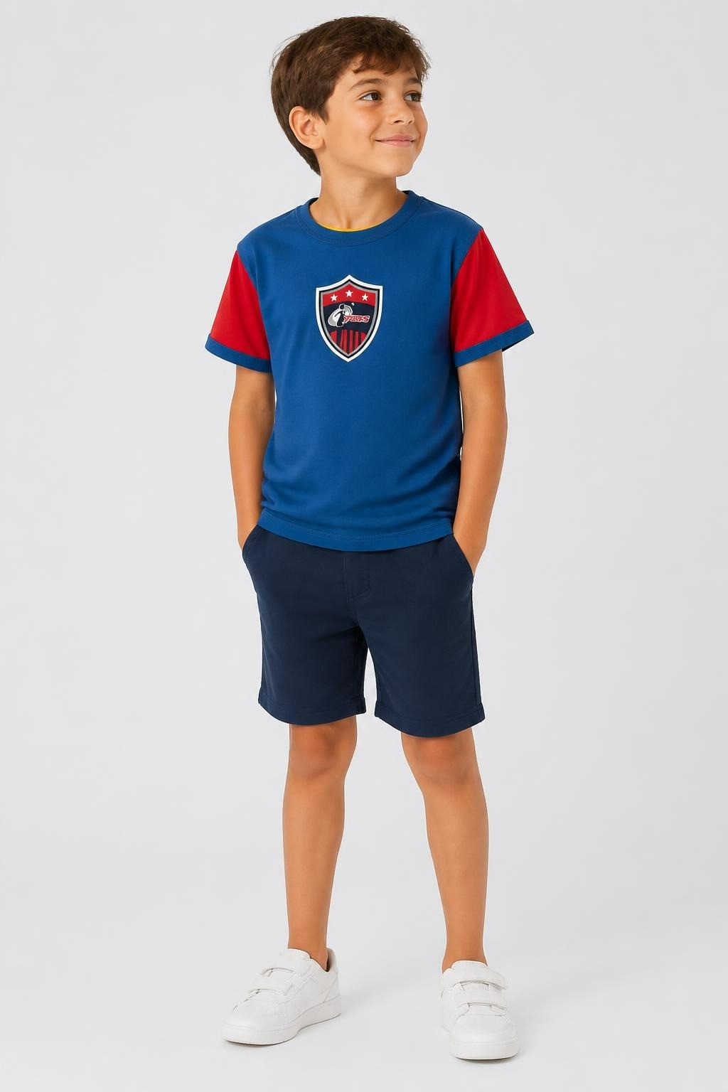 Kids Blue Red Sports Jersey Shield Badge Print - at Why Go Less, Lebanon
